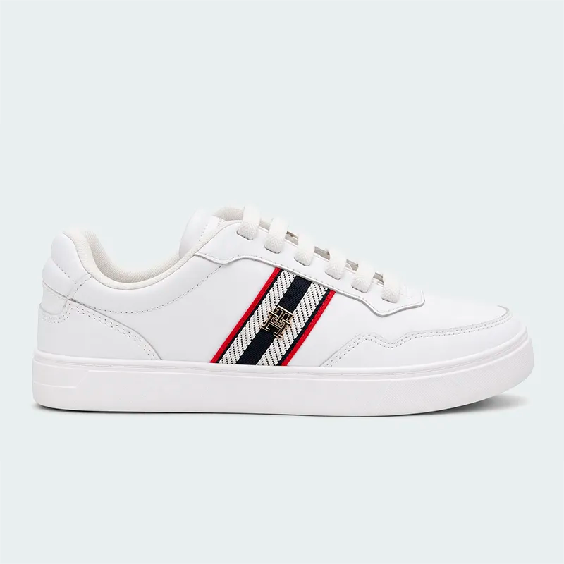 Tenis Tommy Hilfiger Webbing Stripe Leather Cupsole Blanco Mujer